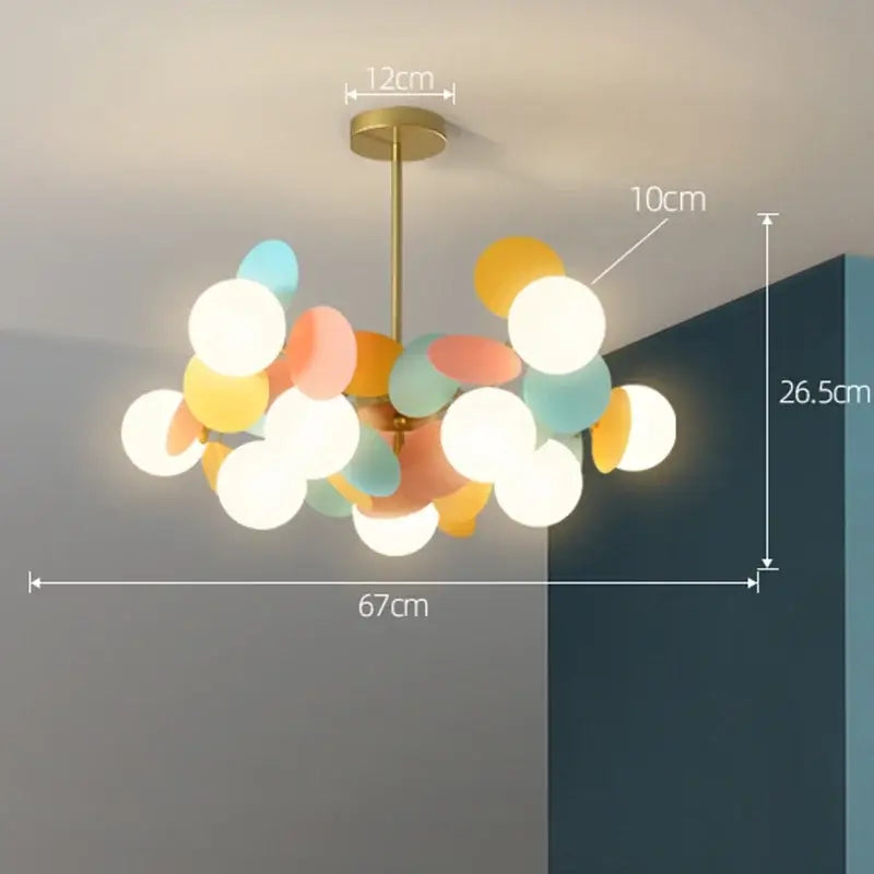 Pastel-colored spherical pendant light with brass-finished stem and rods for modern decorbites branch chandelier