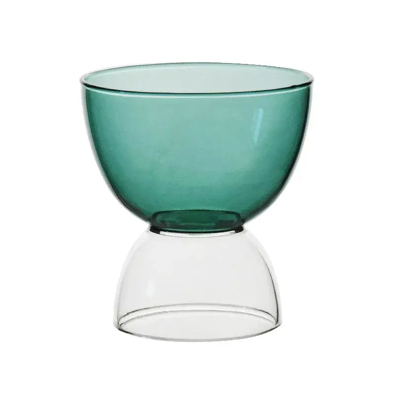 A modern two-part glass ice cream cup with a translucent teal upper section and clear base for dessert ice cream