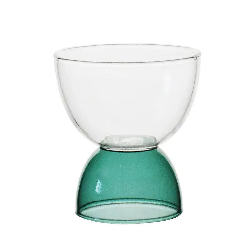 Transparent glass ice cream cup with teal-colored base for modern colorful dessert ice cream dining room glassware