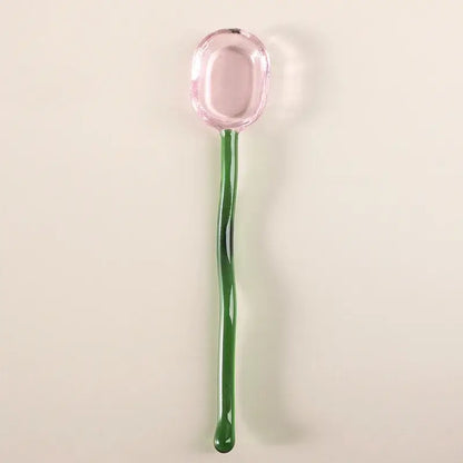 Translucent pink glass dessert spoon with long wavy green handle from decorbites glass dessert spoon set for kitchenware