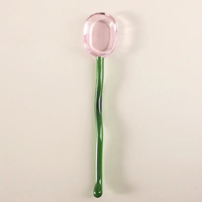 Translucent pink glass dessert spoon with long wavy green handle from decorbites glass dessert spoon set for kitchenware