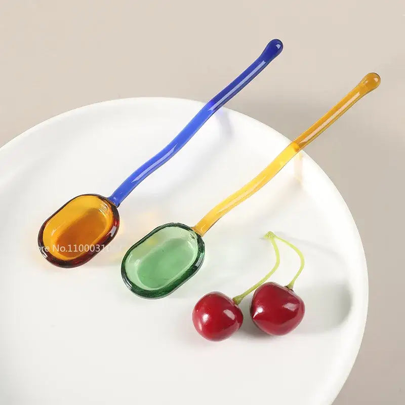 Modern colorful decorbites glass dessert spoon set with blue amber and yellow green oval bowls for kitchenware