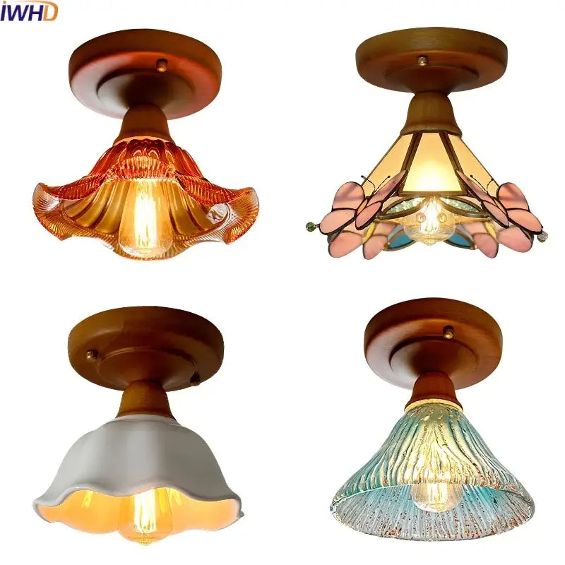 Modern colorful glass led ceiling lamp with decorbites colorful glass shades and wooden fixtures for living room decor