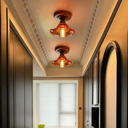Modern colorful glass led ceiling lamp featuring warm amber fluted pendant lights with dark metal fixtures decorbites colorful glass