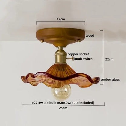 Modern colorful glass led ceiling lamp with warm amber glass, wooden base, and brass accents for living room decorbites colorful glass