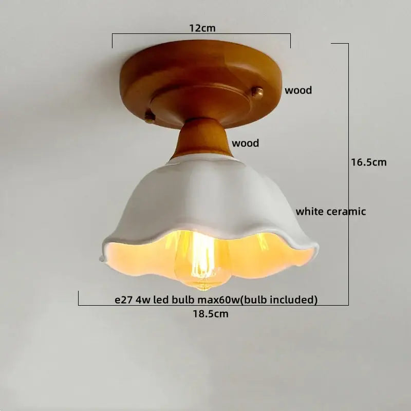 A warm-toned vintage ceiling lamp with wooden base and white ceramic shade for modern colorful glass led decorbites decor