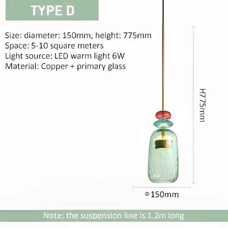 A delicate teal glass led pendant chandelier with copper finish and red accent bead for kitchen and dining room