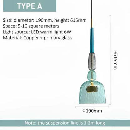 Modern colorful glass led pendant chandeliers featuring a teal glass pendant light with copper accent for kitchen dining room