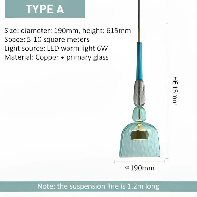 Modern colorful glass led pendant chandeliers featuring a teal glass pendant light with copper accent for kitchen dining room