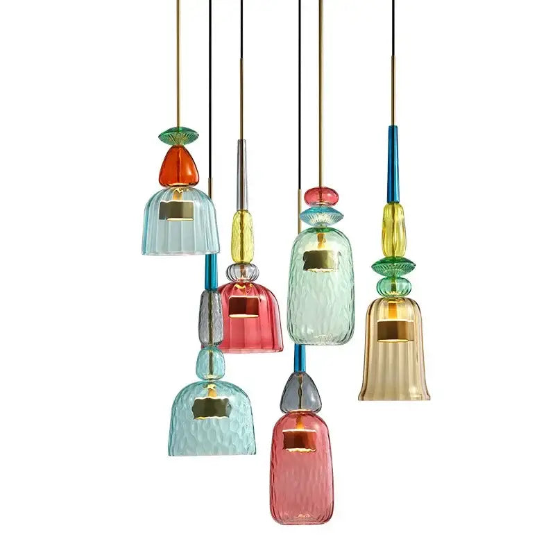 A collection of colorful glass led pendant chandeliers with textured surfaces and gold-toned accents for kitchen dining