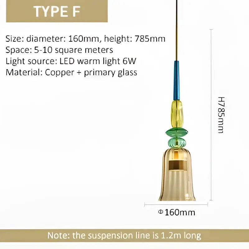 A modern bell-shaped copper and colorful glass led pendant light with warm lighting for kitchen and dining room