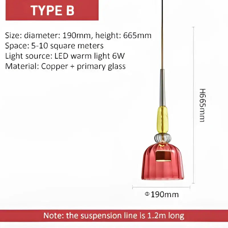 Red glass pendant light with copper and colorful glass components for modern led pendant chandeliers in kitchen dining room