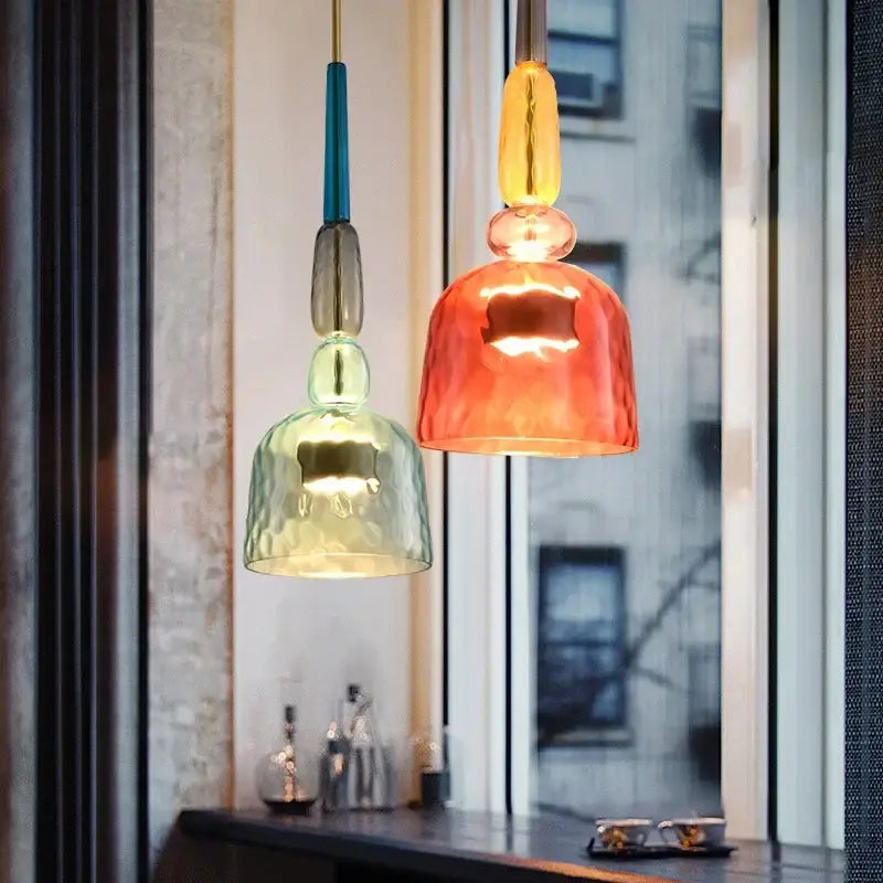 Two colorful glass led pendant chandeliers with textured design hanging pendant lights for kitchen and dining room