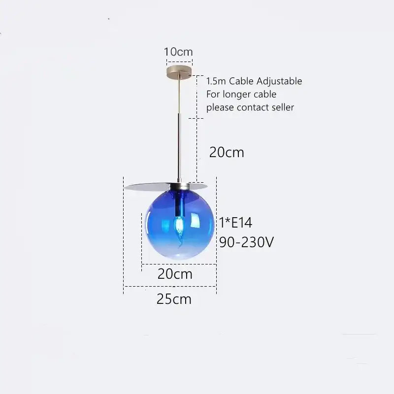 Modern colorful glass metal pendant lamp featuring a blue gradient glass globe with metallic stem for dining room decorbites colorful glass