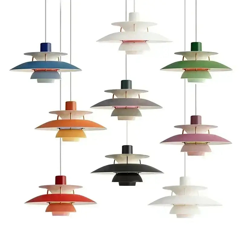 Modern colorful layered led pendant light with tiered design in blue green orange pink and black for kitchen and living room