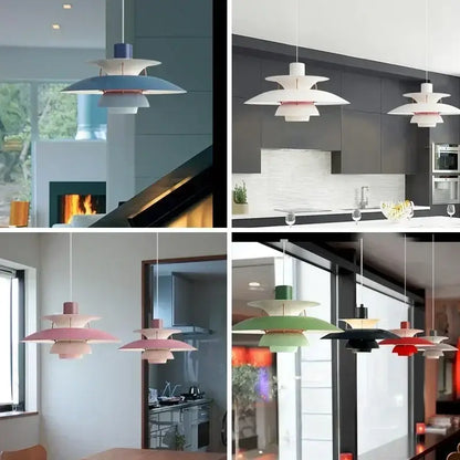 Modern colorful layered led pendant light in pastel and bold painted metal with minimalist design for kitchen and living room