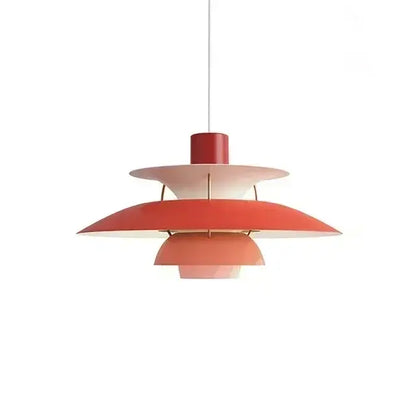 A modern colorful layered led pendant light with concentric red and white shades for kitchen and living room use