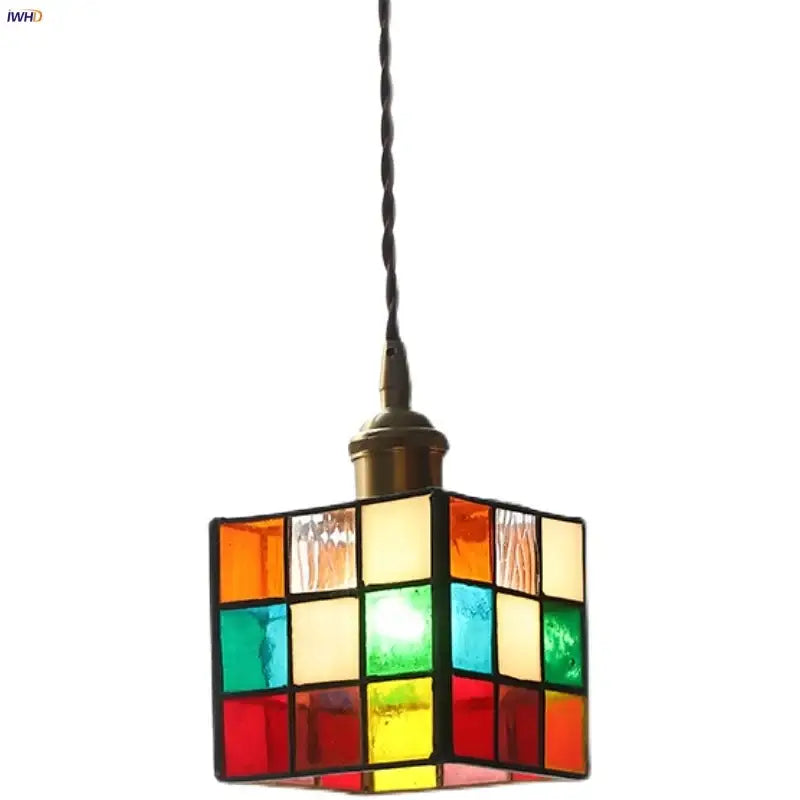 Modern colorful led glass cube pendant light with brass fixture and twisted cord for kitchen decorbites colorful led decor