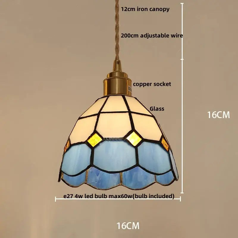 Blue and cream stained glass colorful led pendant light with brass copper socket for modern kitchen decorbites fixture