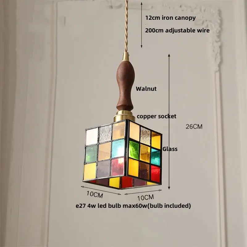Modern colorful led glass cube pendant light with stained glass, walnut wooden handle, and copper socket for kitchen decorbites colorful led