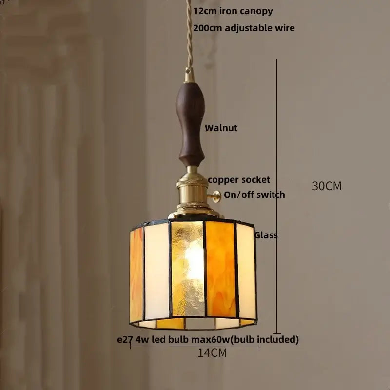 Modern colorful led glass cube pendant light with warm amber cream stained glass and walnut iron canopy by decorbites colorful led
