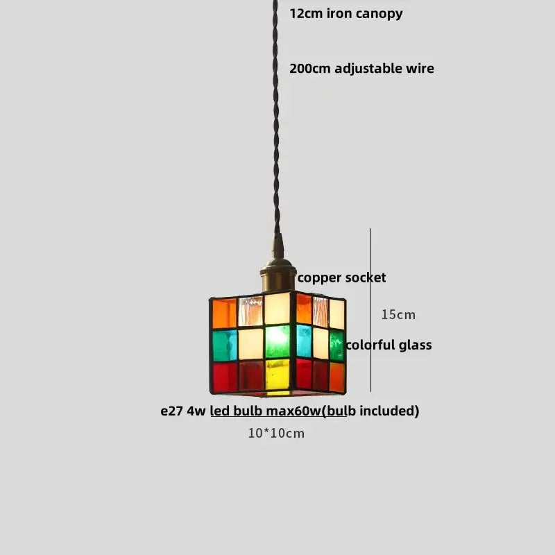 Modern colorful led glass cube pendant light with stained glass, copper socket, and 12cm iron canopy by decorbites