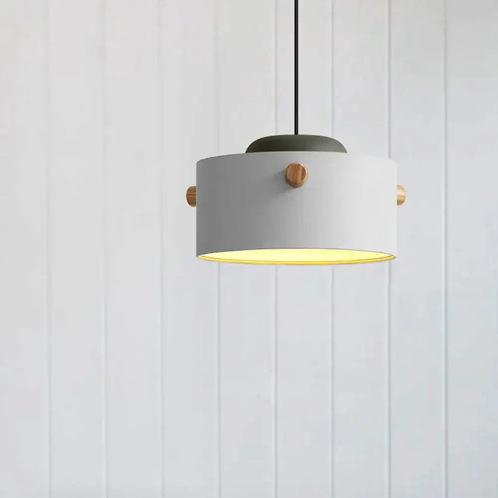 Gray cylindrical pendant light with wooden knobs and warm yellow interior for decorbites colorful led pendant lights