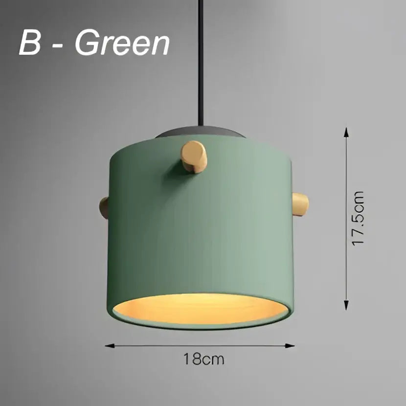 Modern green cylindrical pendant lights with wooden accents and warm yellow glow for dining room decorbites colorful led