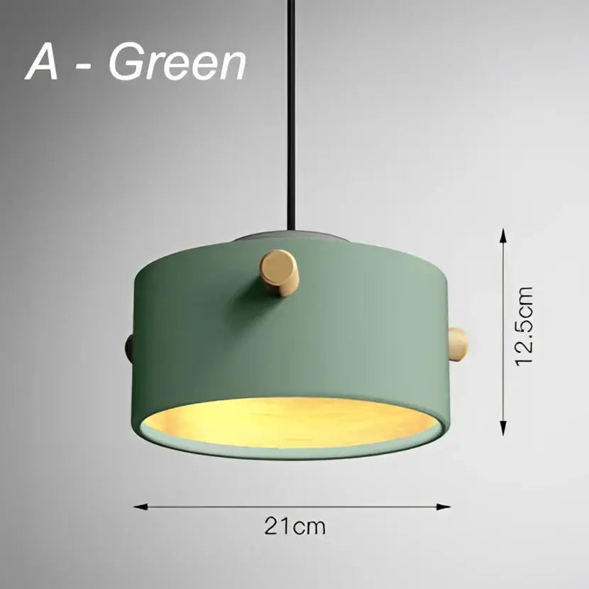 A modern green cylindrical pendant light with matte finish and gold hardware accents for decorbites colorful led pendant lights