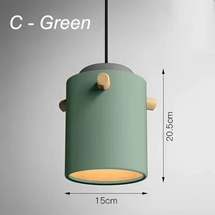 Modern colorful led pendant lights featuring a green cylindrical pendant light with wooden accents and warm glow