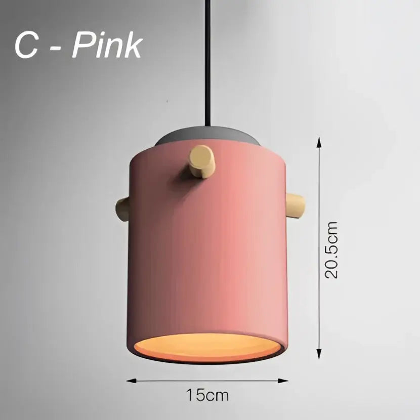 Pink cylindrical pendant lights with wooden accents and warm glow from decorbites colorful led pendant for dining room decor