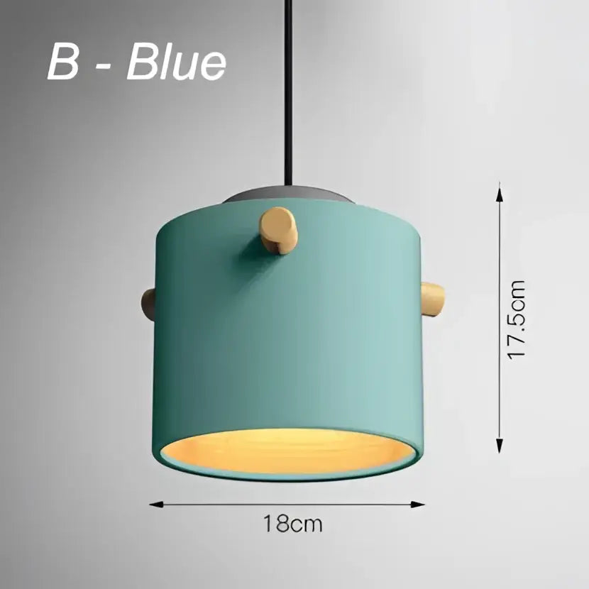Teal cylindrical modern colorful led pendant light with wooden knobs and warm yellow interior for dining room decorbites colorful led