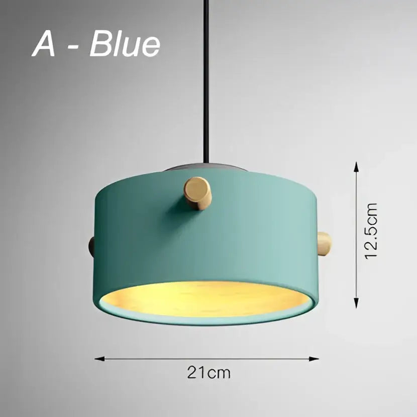 Modern colorful led pendant light with teal cylindrical shade warm yellow interior and wooden knobs for dining room decorbites colorful led