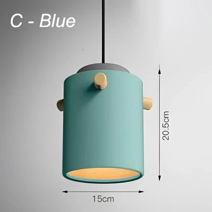 Teal cylindrical pendant light with wooden accents and warm glow from decorbites colorful led pendant lights for dining room decor