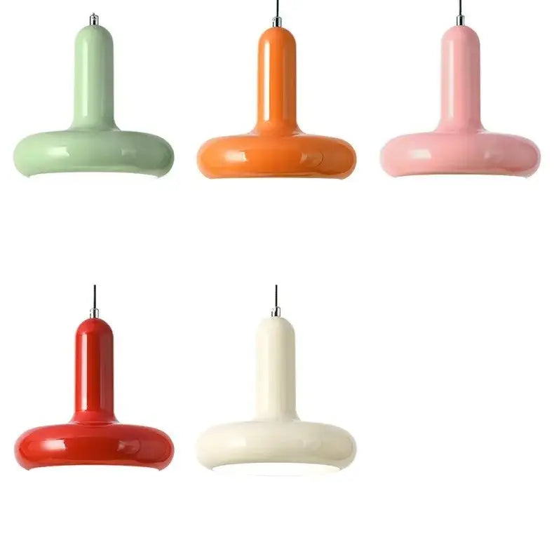 Set of five modern pendant lights in painted aluminum with vibrant matte hues and sleek cylindrical aluminum finish
