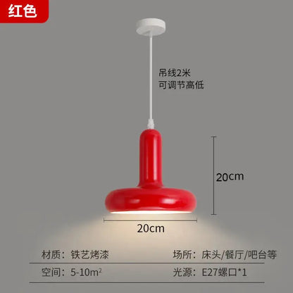 A vibrant red painted aluminum pendant light with glossy finish and modern design for kitchen and dining room use