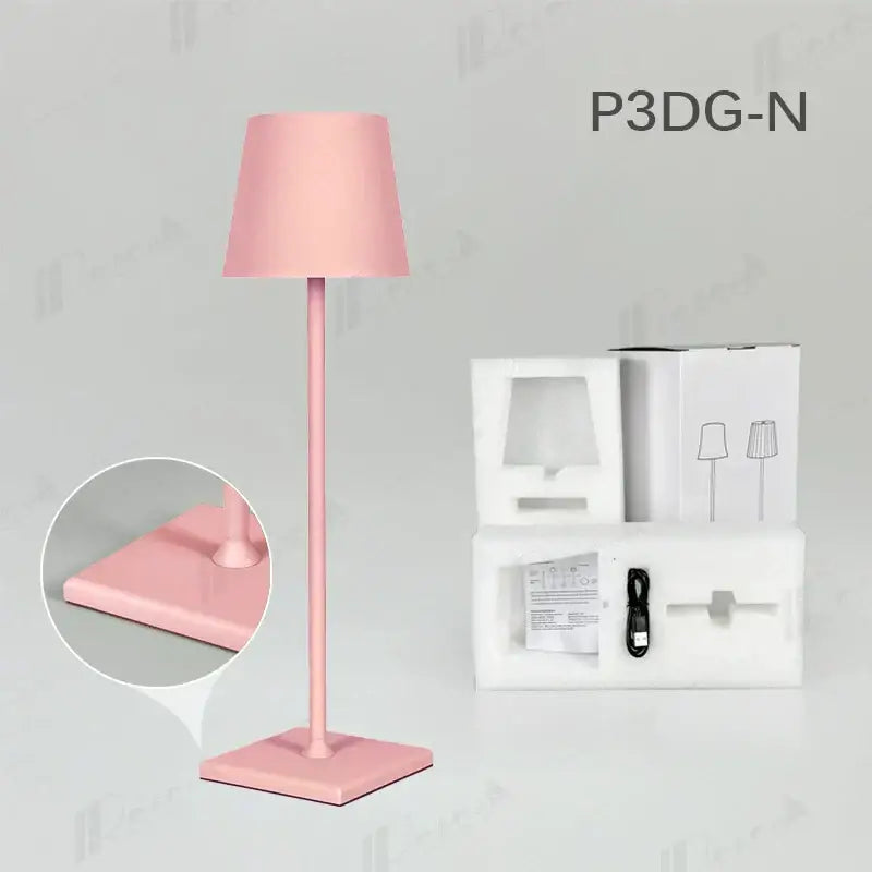 Pink matte-finish standing table lamp with cylindrical shade and square base model p3dg-n for decorbites crystal led rechargeable use