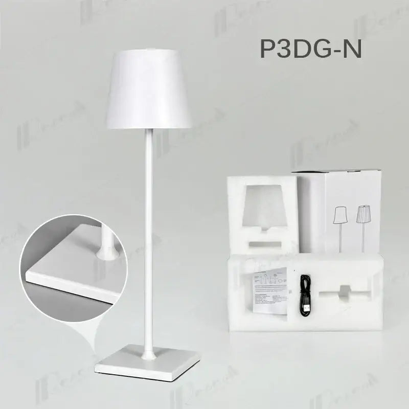 White minimalist table lamp with cylindrical base and conical shade crystal led rechargeable decorbites crystal led