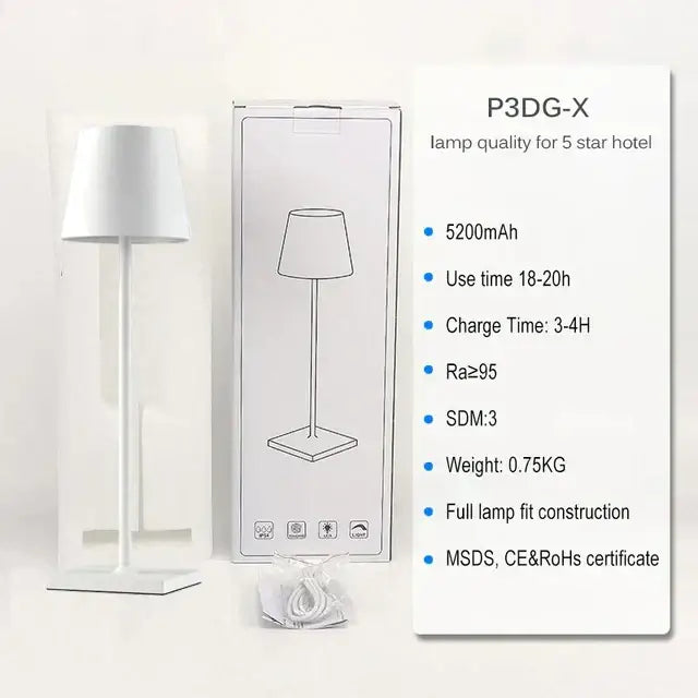 White minimalist table lamp with cylindrical shade and sleek modern design from decorbites crystal led rechargeable collection