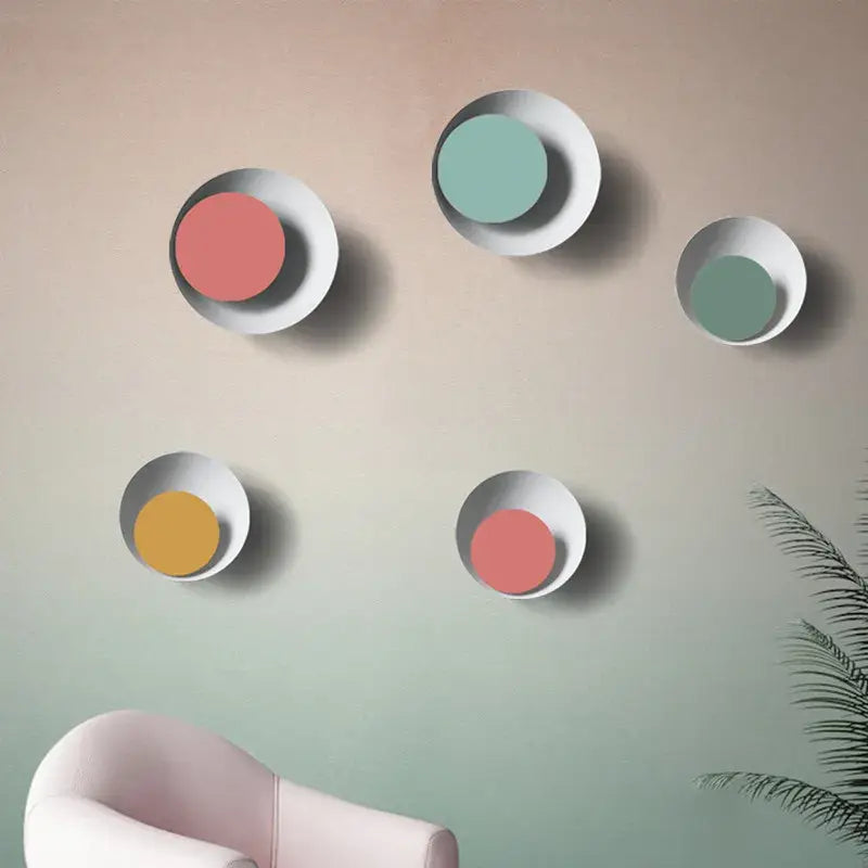 Modern colorful rotatable led wall lamp with matte metallic frames and coral teal mustard and green discs for bedroom and living room