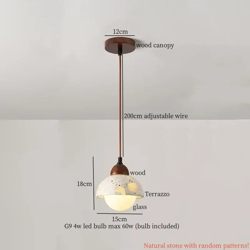Modern colorful stone led pendant lamp with wooden canopy, adjustable bronze wire, and terrazzo glass shade for dining decorbites colorful stone