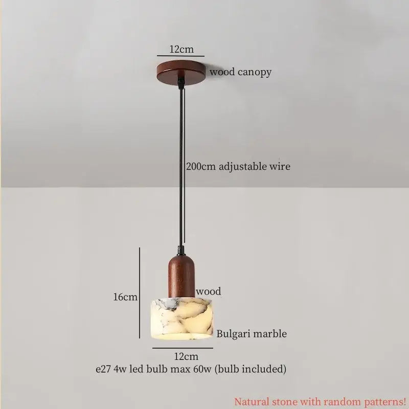 Modern colorful stone led pendant lamp with wooden canopy and natural bulgari marble shade for dining room decorbites colorful stone