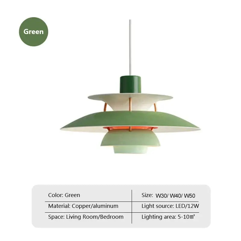 Green layered pendant light with copper and aluminum construction for modern colorful umbrella pendant decorbites dining room