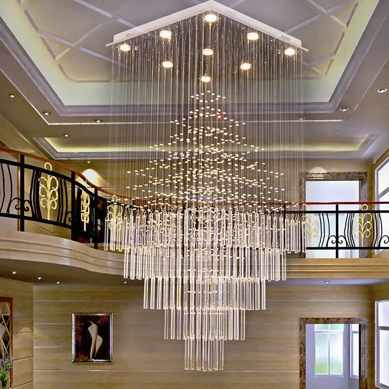 Modern columnar crystal chandelier with white ceiling mount and cascading clear glass rods by decorbites columnar for living rooms