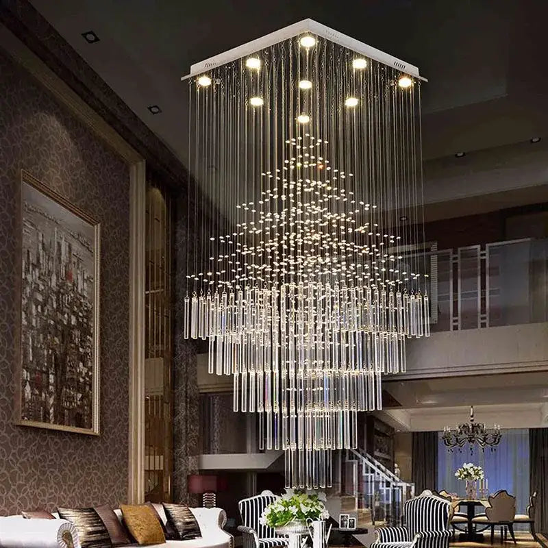 A modern columnar crystal chandelier with a white frame and clear glass prisms for living room decorbites columnar