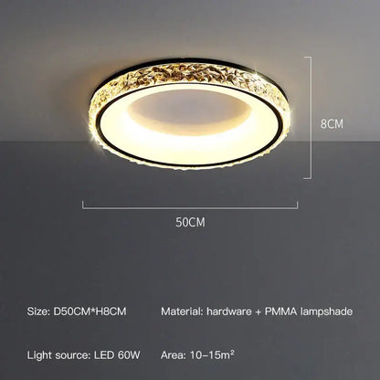 Modern concave round ceiling light with gold-toned crystal ring and warm white pmma lampshade by decorbites concave round