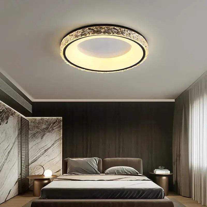 Modern concave round crystal ceiling light with black frame and warm yellow led glow for living room decorbites concave round