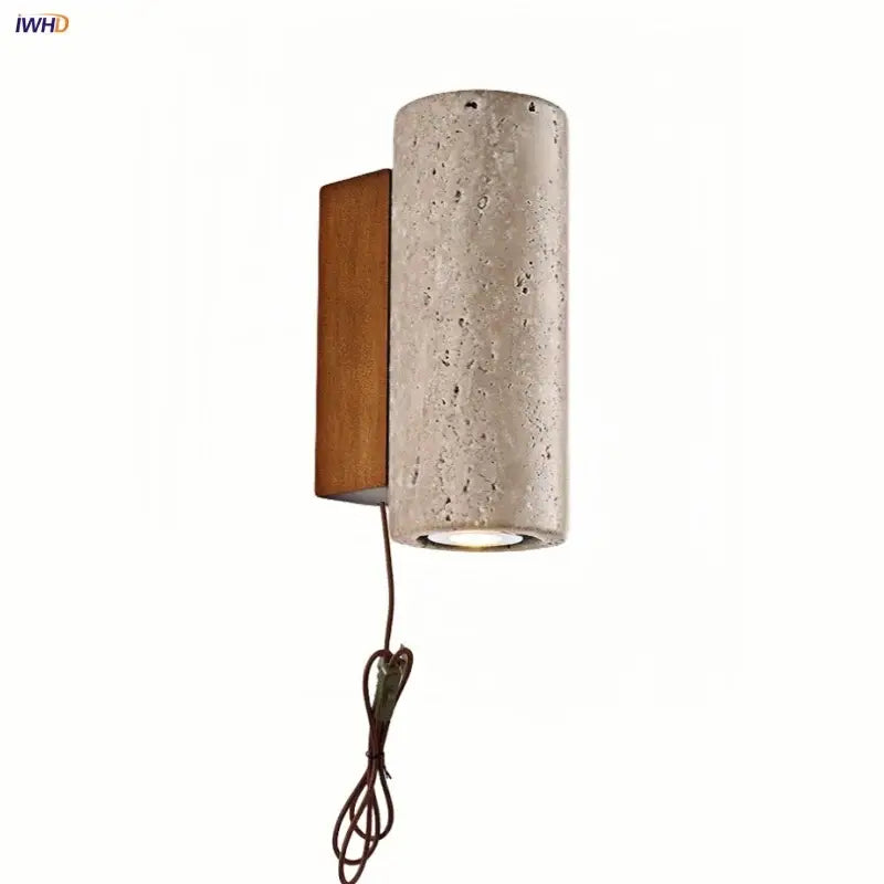 Modern concrete and wood led wall sconce with exposed wiring and wooden backplate for bedroom decorbites led wall lighting