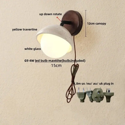 Modern concrete and wood led wall sconce with a white glass shade, yellow travertine canopy, and dark brown metal base