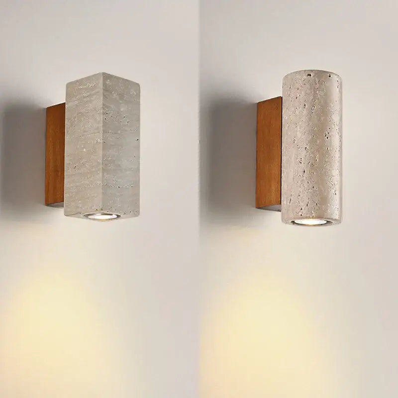 Modern concrete and wood led wall sconce with gray textured finish and warm wooden backplate for bedroom decorbites led wall use